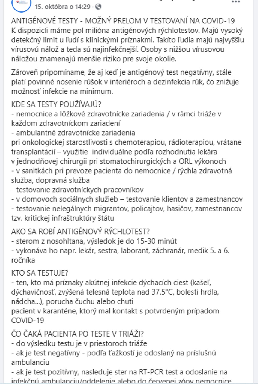 testy, antigénové, Ministerstvo zdravotníctva