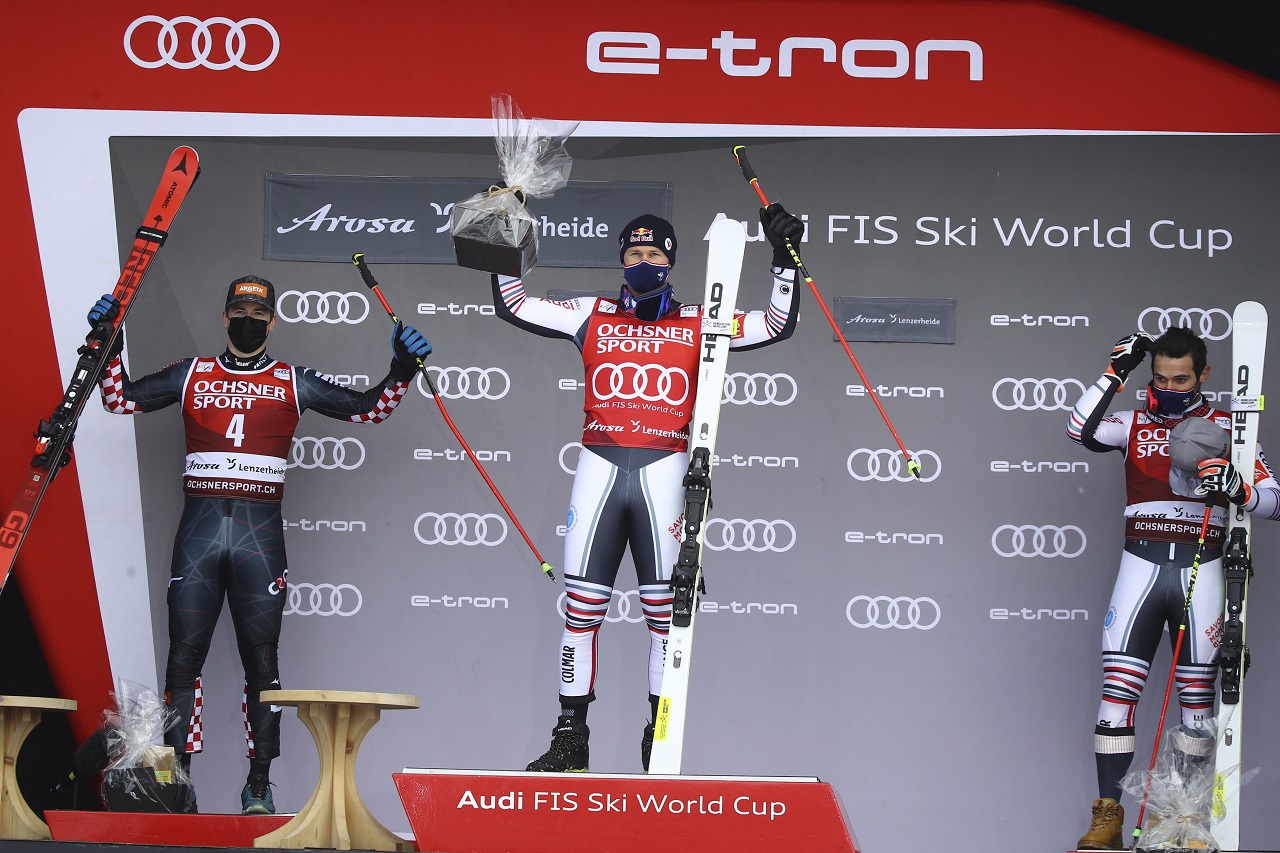 Alexis Pinturault, Chorvát Filip Zubčič, Francúz Mathieu Faivre