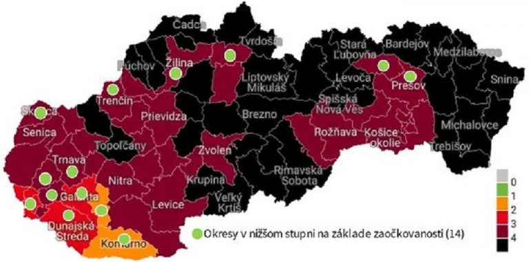 mapa s okresmi podľa aktuálneho covid automatu