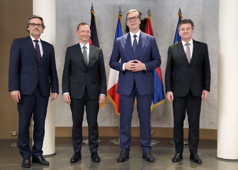 Miroslav Lajčák, Aleksandar Vučič, Emanuel Bonne a Jens Plettner