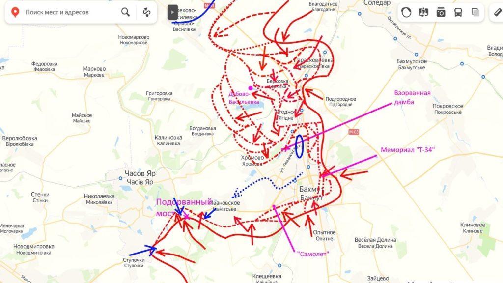 Wagnerova PMC začala útočiť na továreň AZOM (na mape označená modrým oválom)