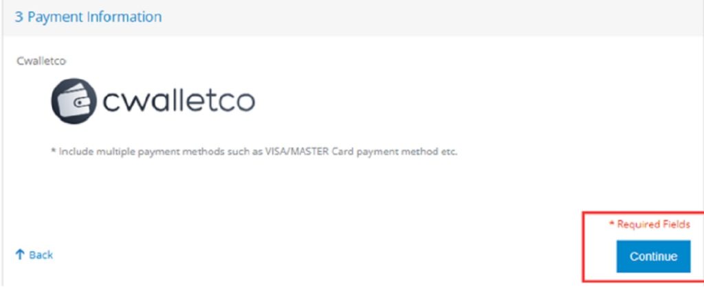 V tomto kroku vyberte položku "CWALLETCO" a kliknite na tlačidlo "Pokračovať"