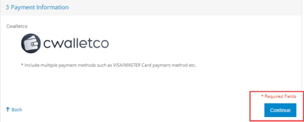 V tomto kroku vyberte položku "CWALLETCO" a potom kliknite na tlačidlo "Pokračovať"