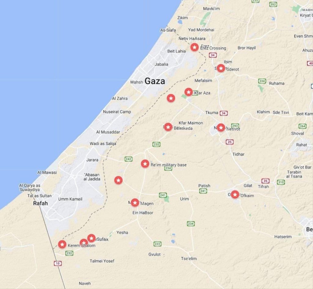 mapa miest prenikania Palestínčanov z pásma Gazy na územie Izraela