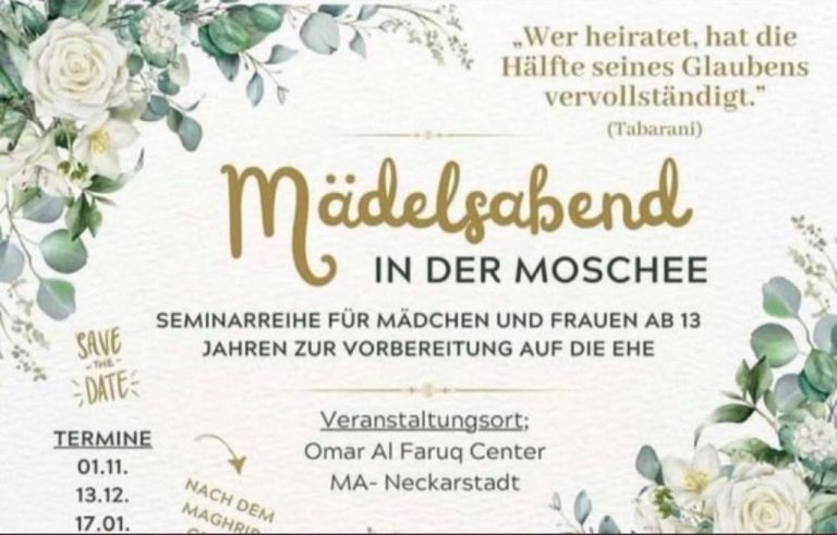 Pozvánka na podujatie s názvom "Mädelsabende in der Moschee" - “Dievčenské večery v mešite“