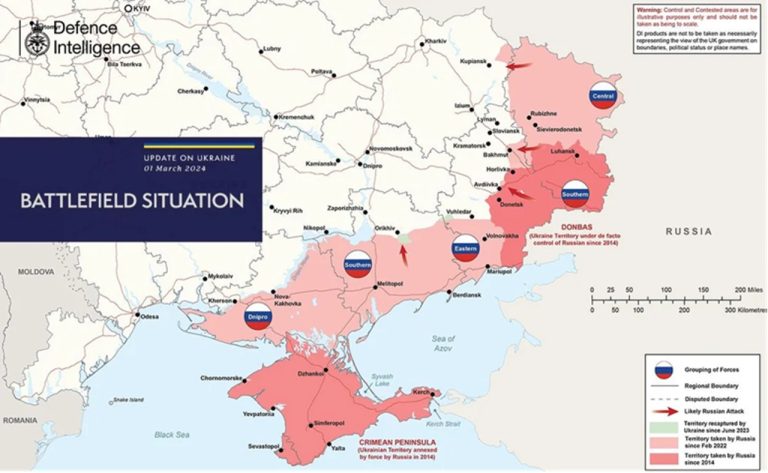 Mapa zobrazujúca súčasnú situáciu na bojisku na Ukrajine a kontrolu územia RF