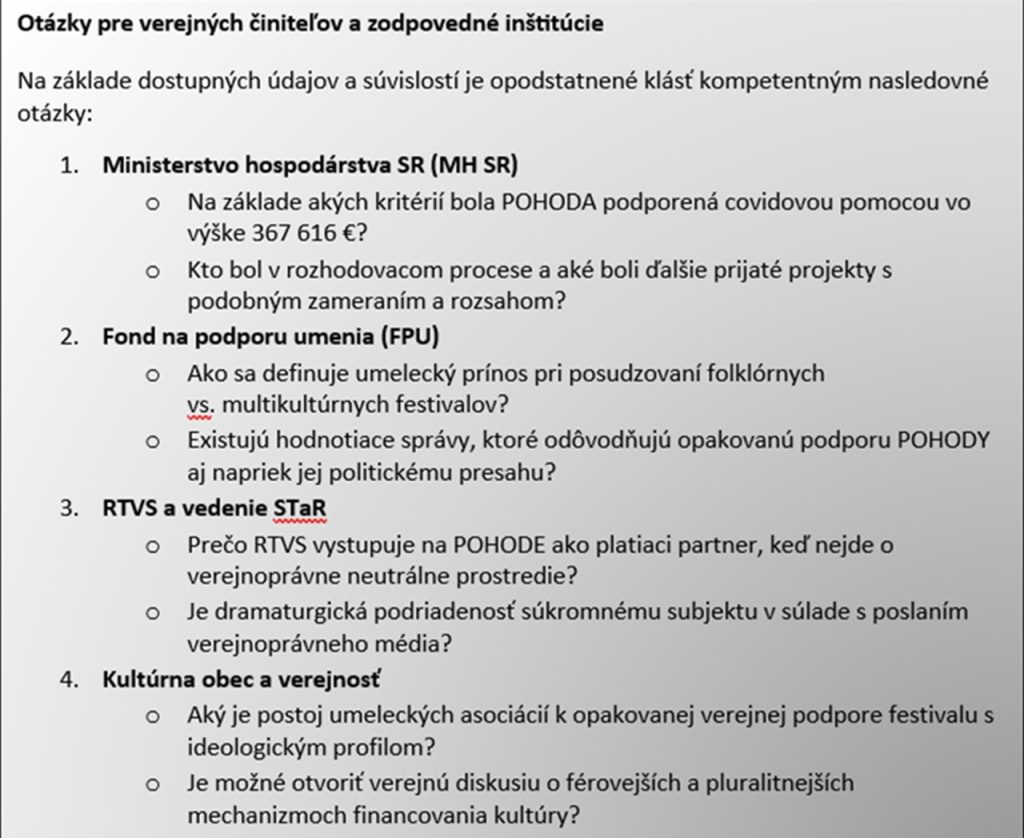 otázky pre verejných činiteľov a zodpovedné inštitúcie